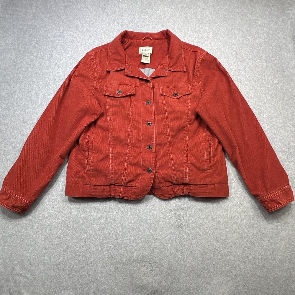 LL Bean Jacket Womens XL Orange Corduroy Button Front Lined Pockets Casual